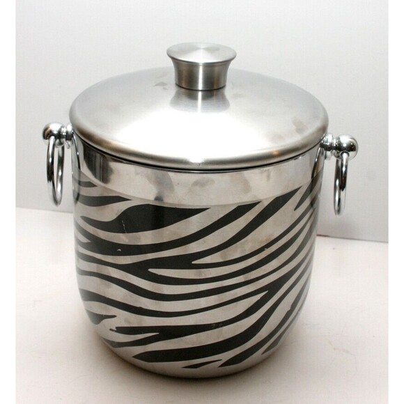 Oggi 18/0 Ice Bucket With Lid Nice Pre Owned Zebra Type Stripes Double Handles - Picture 3 of 7